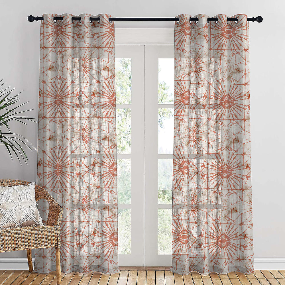 DyeDreams Geometric Harley Orange Linen Sheer Curtain Set of 2 -(DS557B)