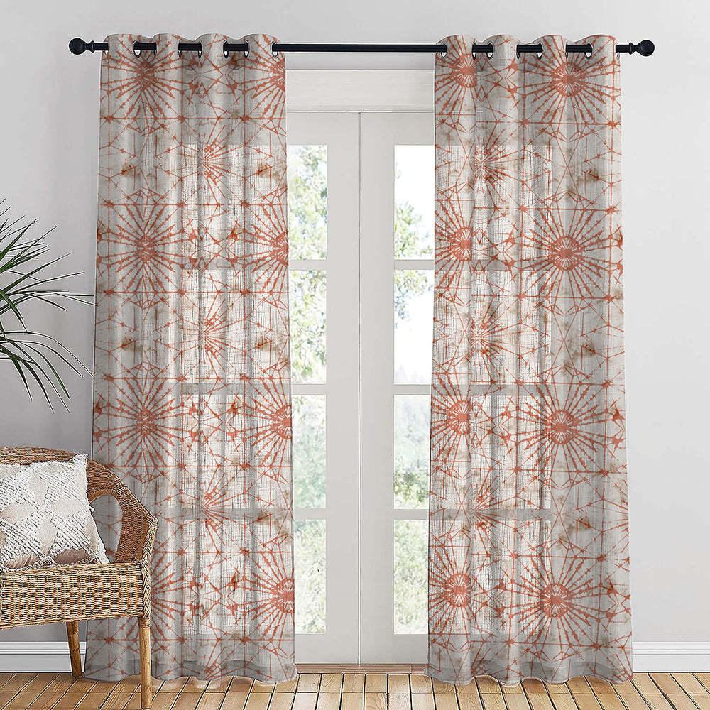 DyeDreams Geometric Harley Orange Linen Sheer Curtain Set of 2 -(DS557B)