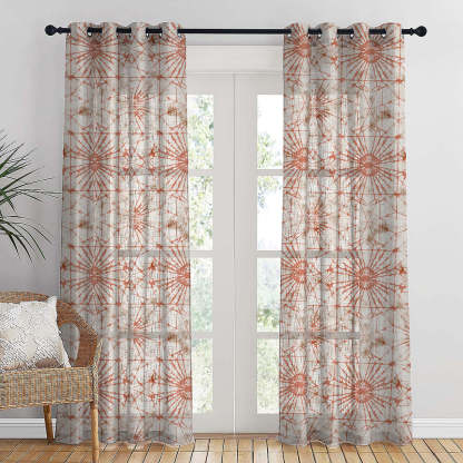 DyeDreams Geometric Harley Orange Linen Sheer Curtain Set of 2 -(DS557B)