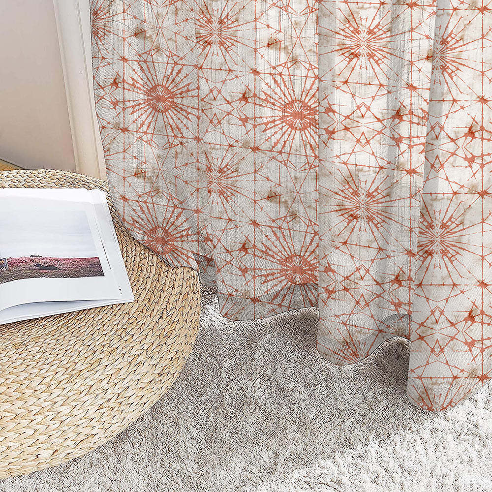 DyeDreams Geometric Harley Orange Linen Sheer Curtain Set of 2 -(DS557B)