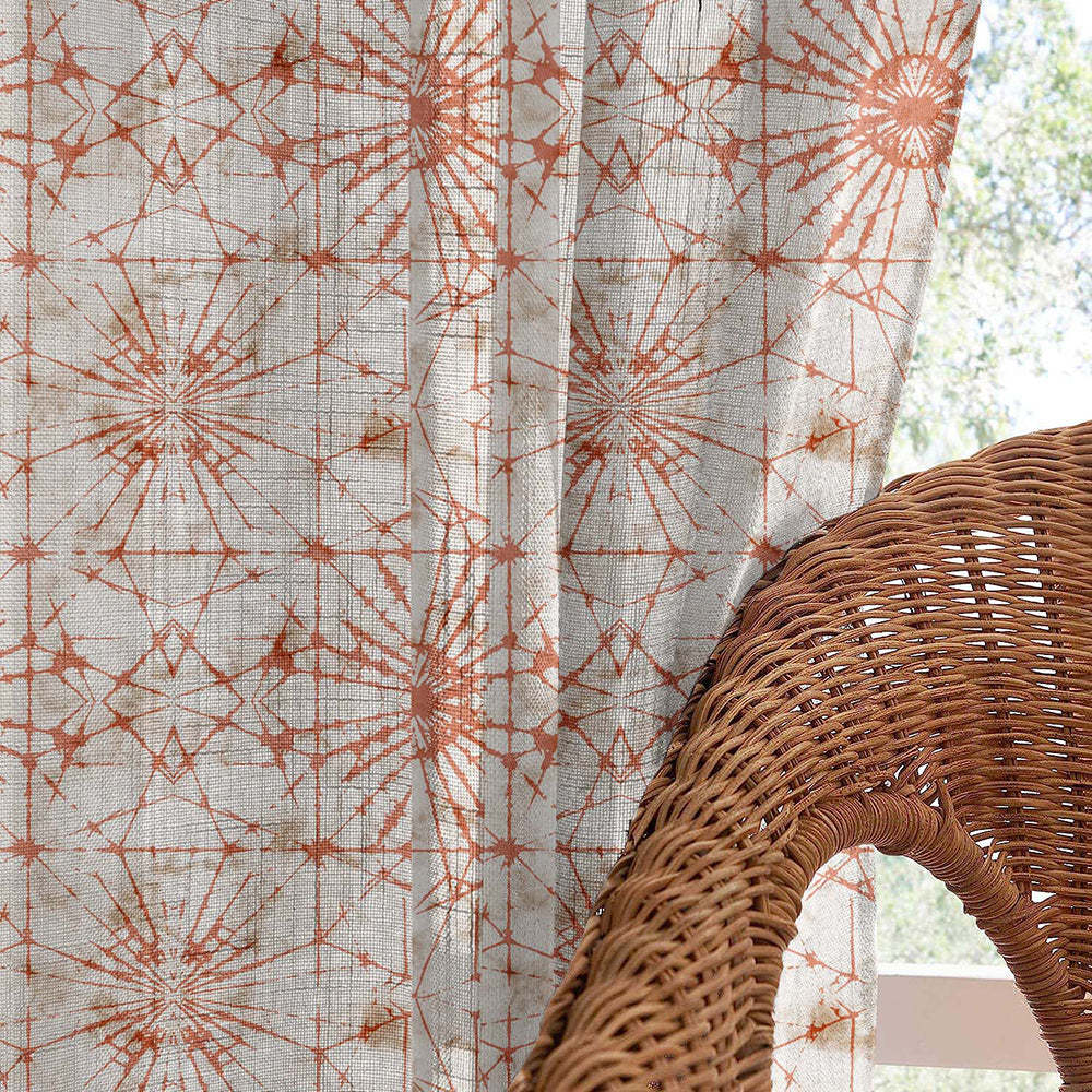 DyeDreams Geometric Harley Orange Linen Sheer Curtain Set of 2 -(DS557B)