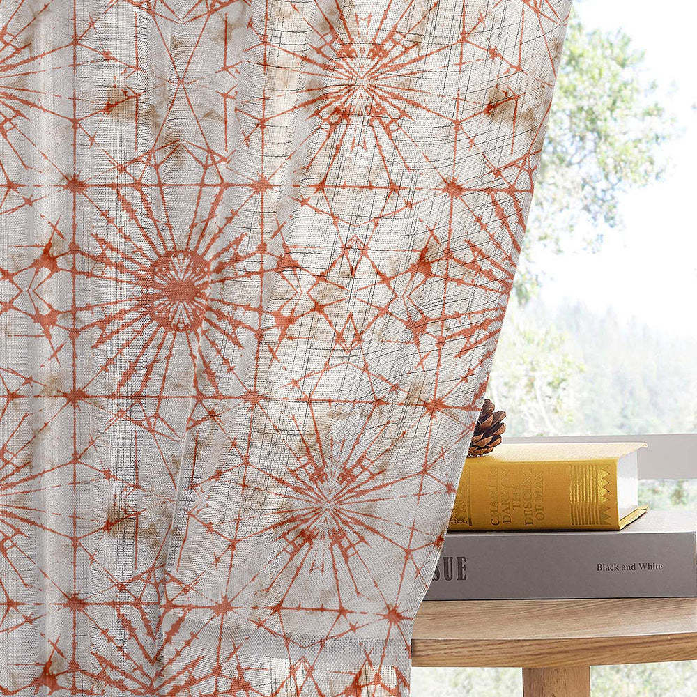 DyeDreams Geometric Harley Orange Linen Sheer Curtain Set of 2 -(DS557B)