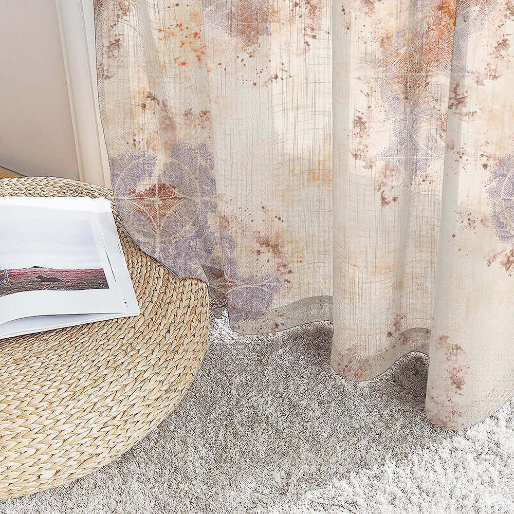 Rustic Charm Geometric London Hue Linen Sheer Curtain Set of 2 -(DS558B)