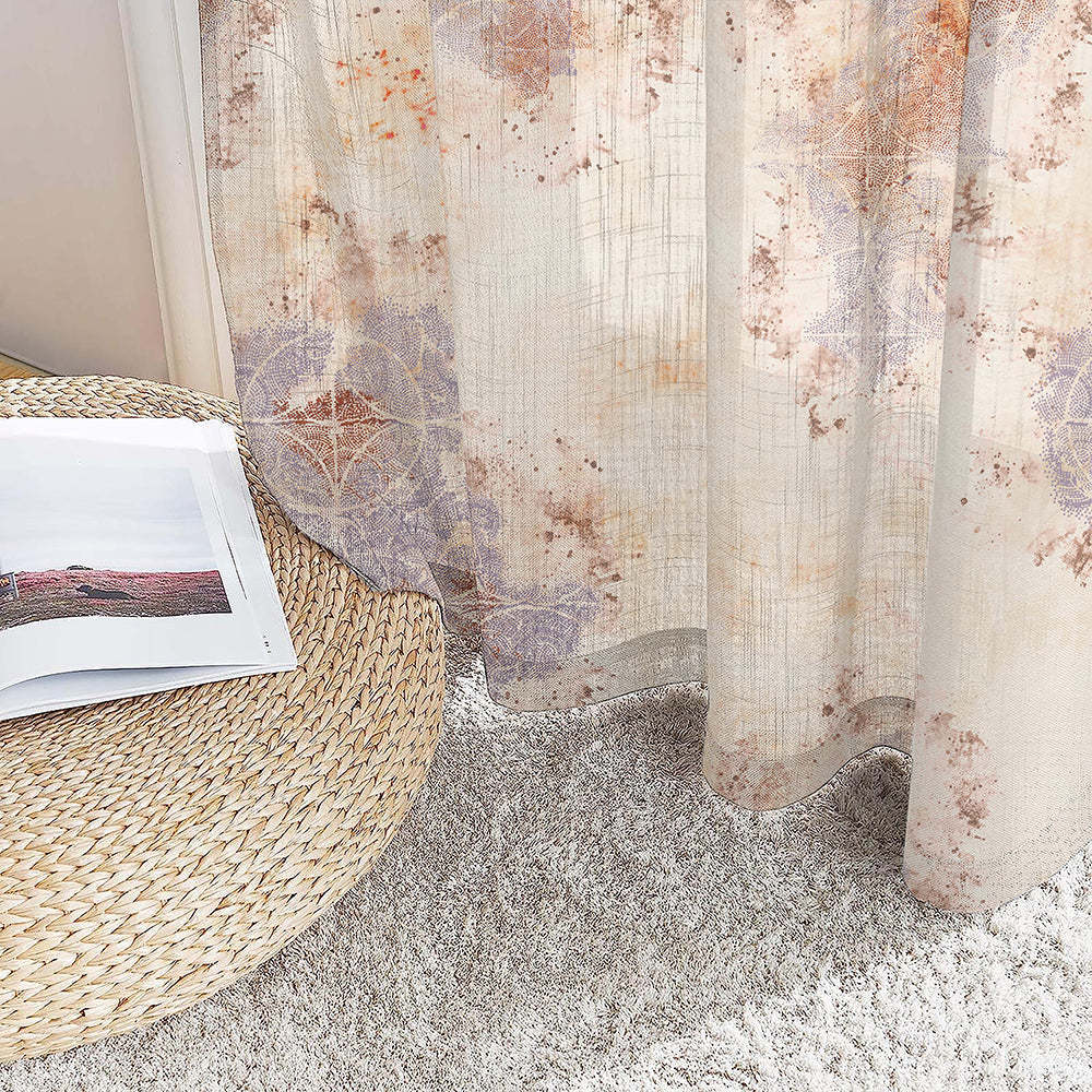 Rustic Charm Geometric London Hue Linen Sheer Curtain Set of 2 -(DS558B)
