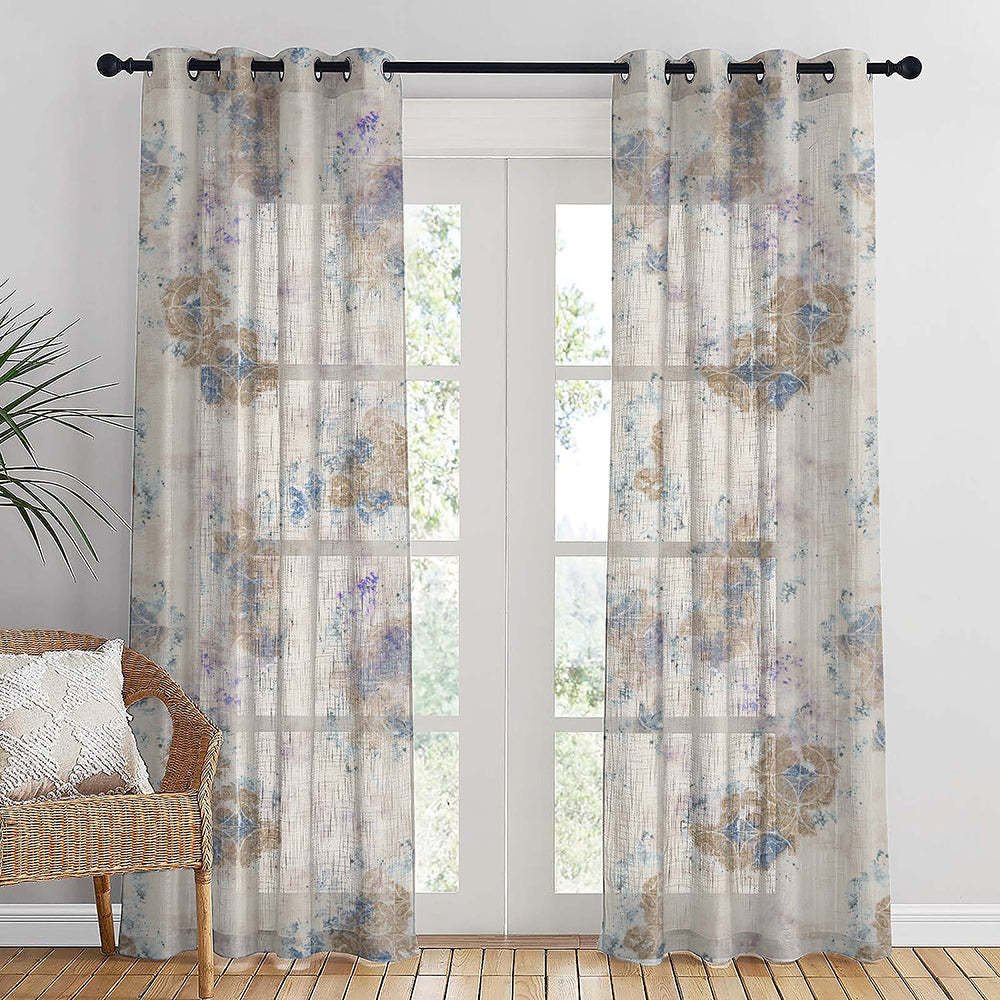 Rustic Charm Geometric Air Force Blue Linen Sheer Curtain Set of 2 -(DS558D)