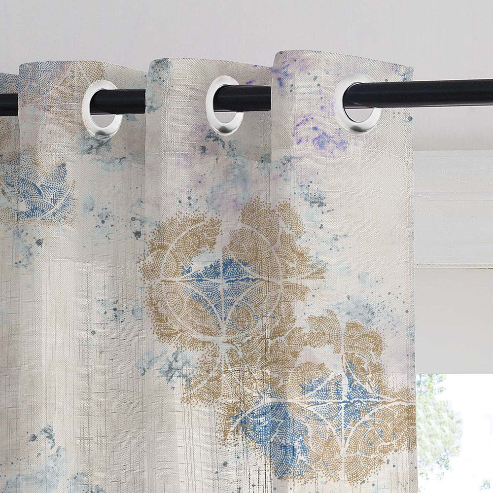 Rustic Charm Geometric Air Force Blue Linen Sheer Curtain Set of 2 -(DS558D)