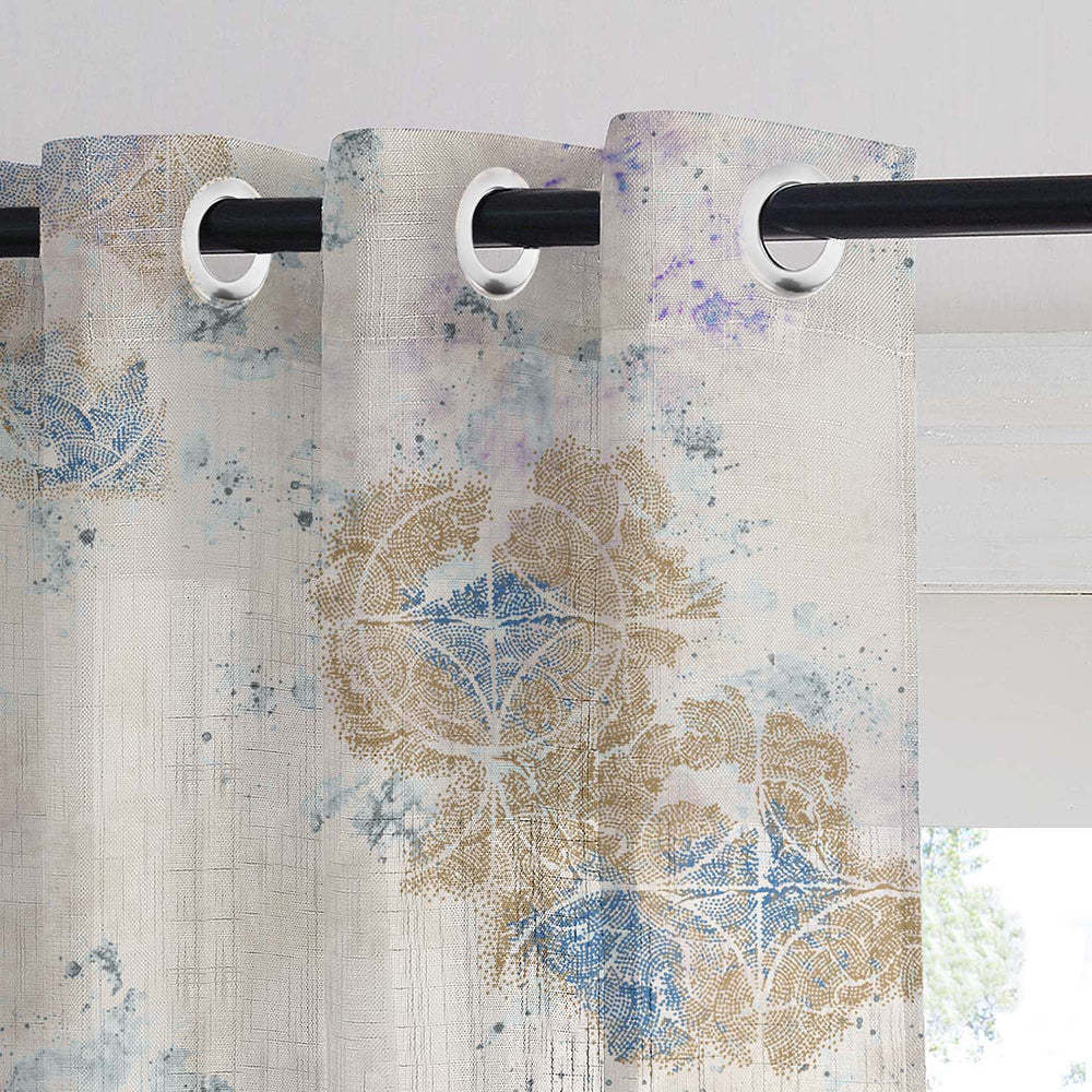 Rustic Charm Geometric Air Force Blue Linen Sheer Curtain Set of 2 -(DS558D)