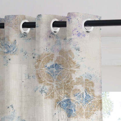 Rustic Charm Geometric Air Force Blue Linen Sheer Curtain Set of 2 -(DS558D)