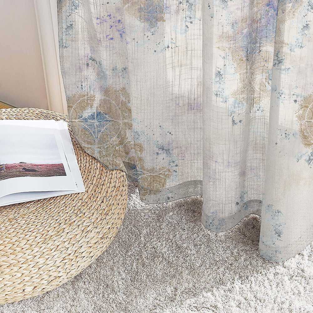 Rustic Charm Geometric Air Force Blue Linen Sheer Curtain Set of 2 -(DS558D)