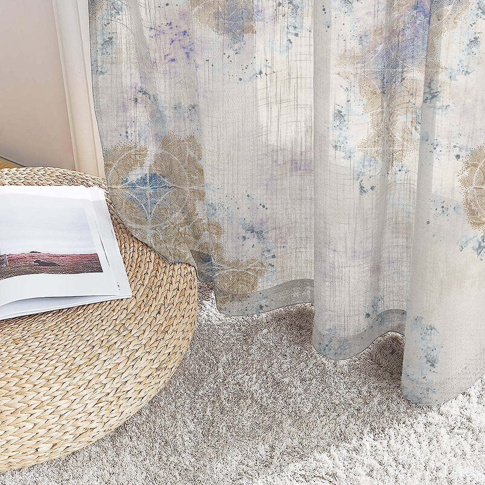Rustic Charm Geometric Air Force Blue Linen Sheer Curtain Set of 2 -(DS558D)