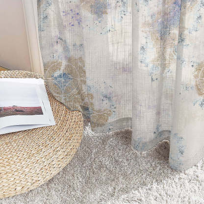 Rustic Charm Geometric Air Force Blue Linen Sheer Curtain Set of 2 -(DS558D)