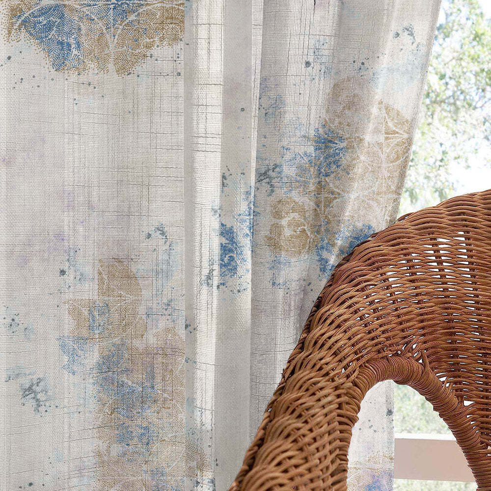 Rustic Charm Geometric Air Force Blue Linen Sheer Curtain Set of 2 -(DS558D)