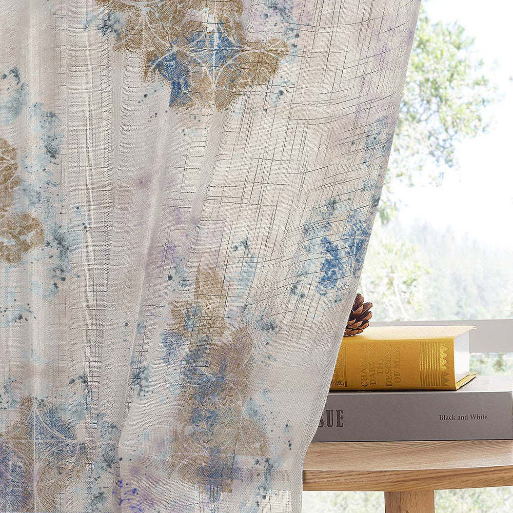 Rustic Charm Geometric Air Force Blue Linen Sheer Curtain Set of 2 -(DS558D)