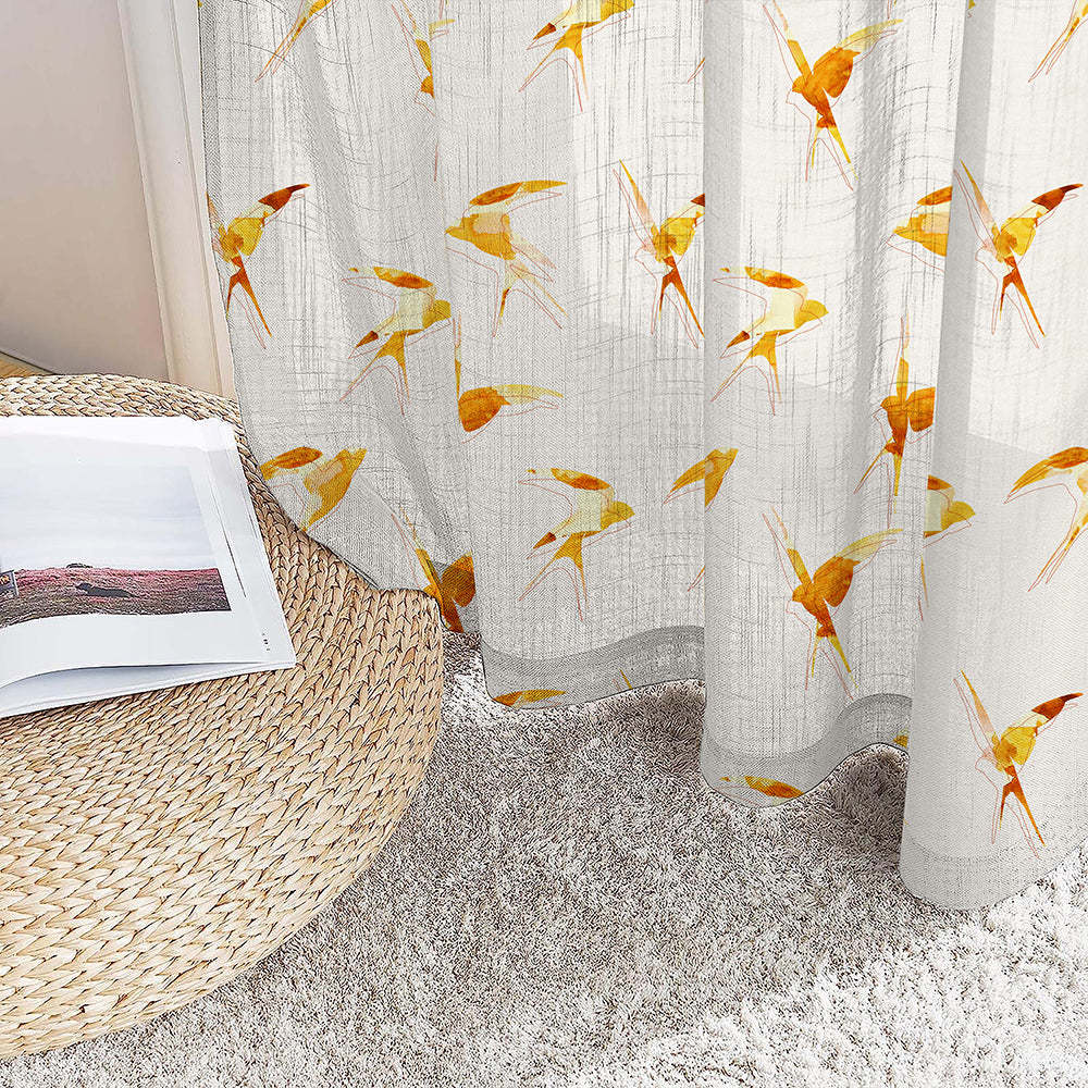 Winged Whimsy Floral Harvest Gold Linen Sheer Curtain Set of 2 -(DS560A)
