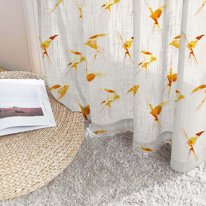 Winged Whimsy Floral Harvest Gold Linen Sheer Curtain Set of 2 -(DS560A)