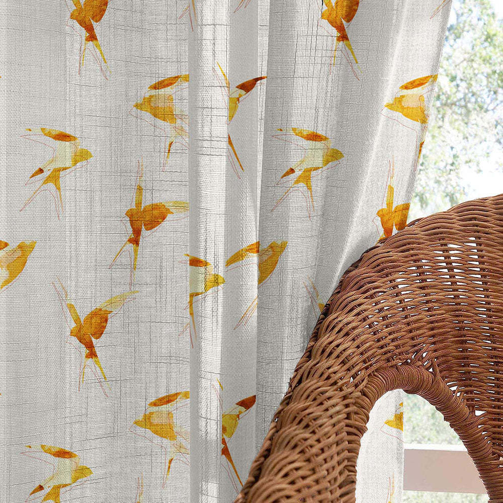 Winged Whimsy Floral Harvest Gold Linen Sheer Curtain Set of 2 -(DS560A)
