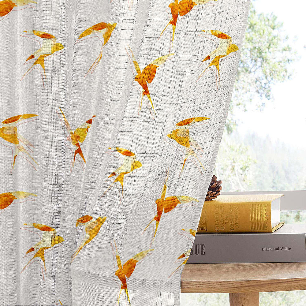 Winged Whimsy Floral Harvest Gold Linen Sheer Curtain Set of 2 -(DS560A)