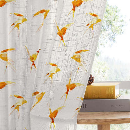 Winged Whimsy Floral Harvest Gold Linen Sheer Curtain Set of 2 -(DS560A)