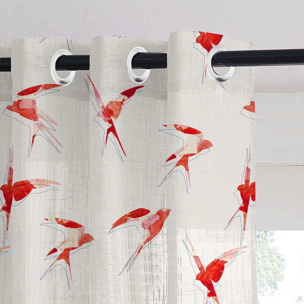 Winged Whimsy Floral Flamingo Red Linen Sheer Curtain Set of 2 -(DS560D)