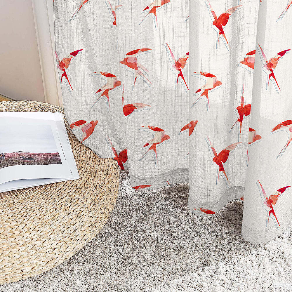 Winged Whimsy Floral Flamingo Red Linen Sheer Curtain Set of 2 -(DS560D)