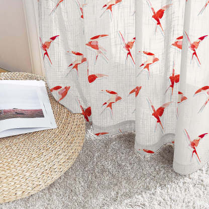 Winged Whimsy Floral Flamingo Red Linen Sheer Curtain Set of 2 -(DS560D)
