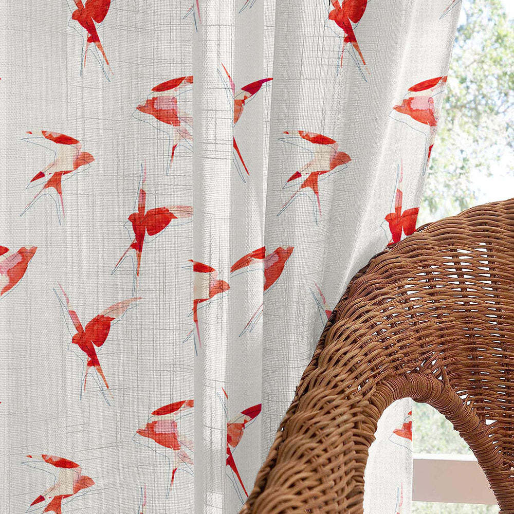 Winged Whimsy Floral Flamingo Red Linen Sheer Curtain Set of 2 -(DS560D)