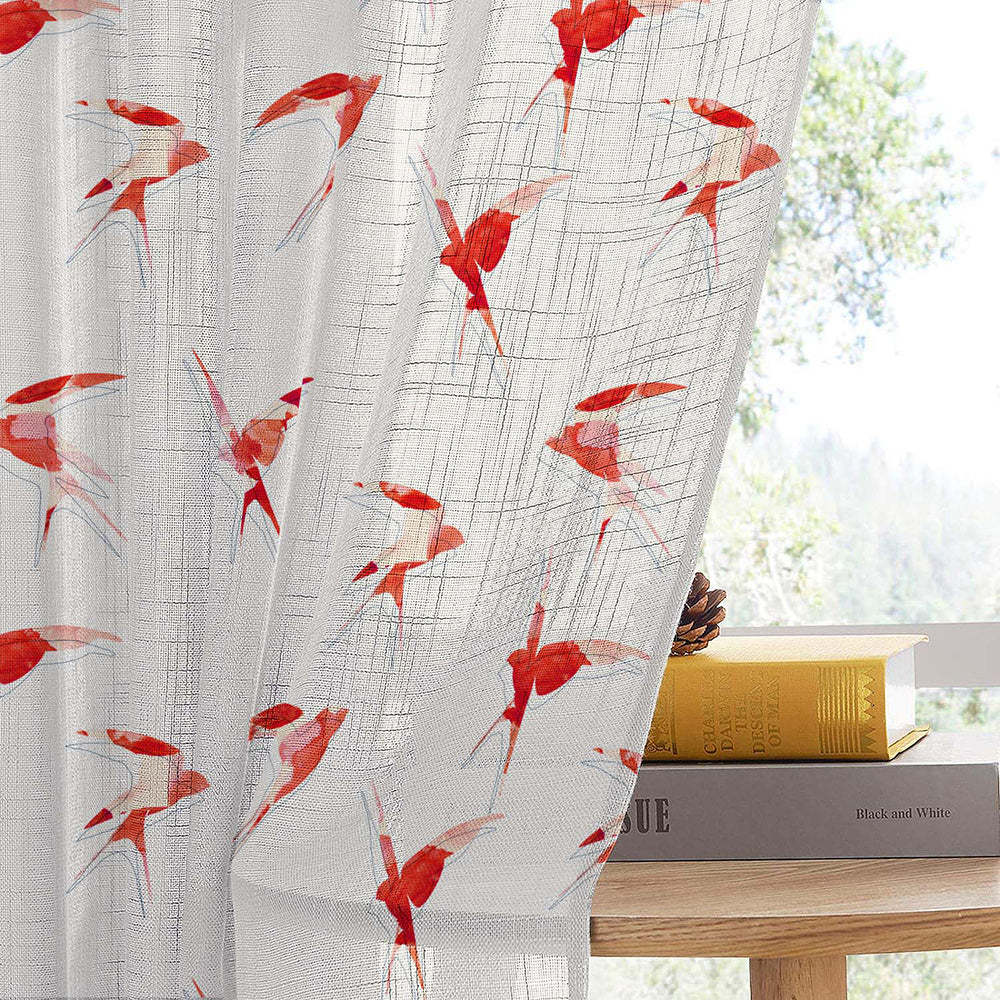 Winged Whimsy Floral Flamingo Red Linen Sheer Curtain Set of 2 -(DS560D)