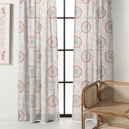 Modern Circulars Combination Dark Coral Linen Sheer Curtain Set of 4 -(561BMeta05)