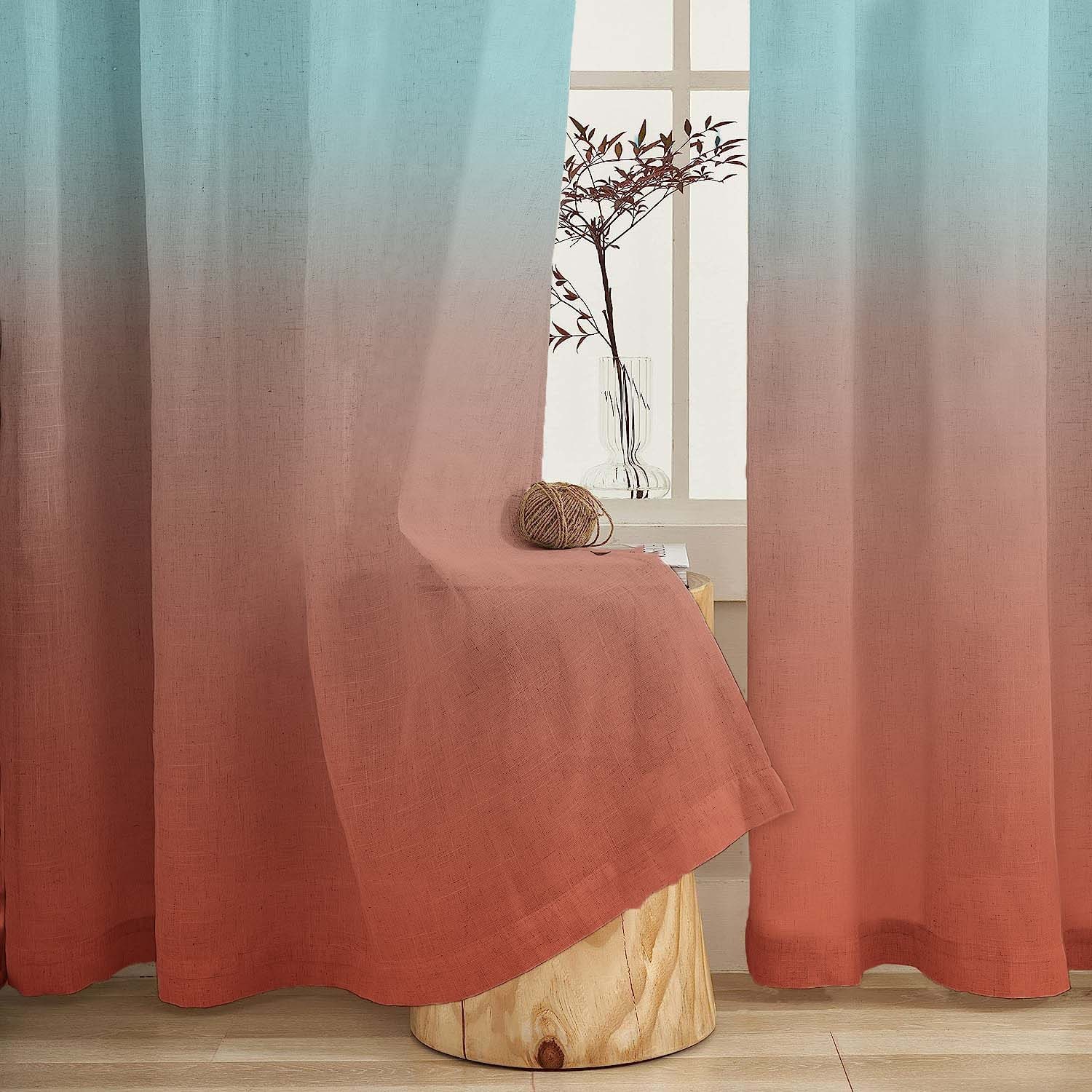 Modern Circulars Combination Dark Coral Linen Sheer Curtain Set of 4 -(561BMeta05)