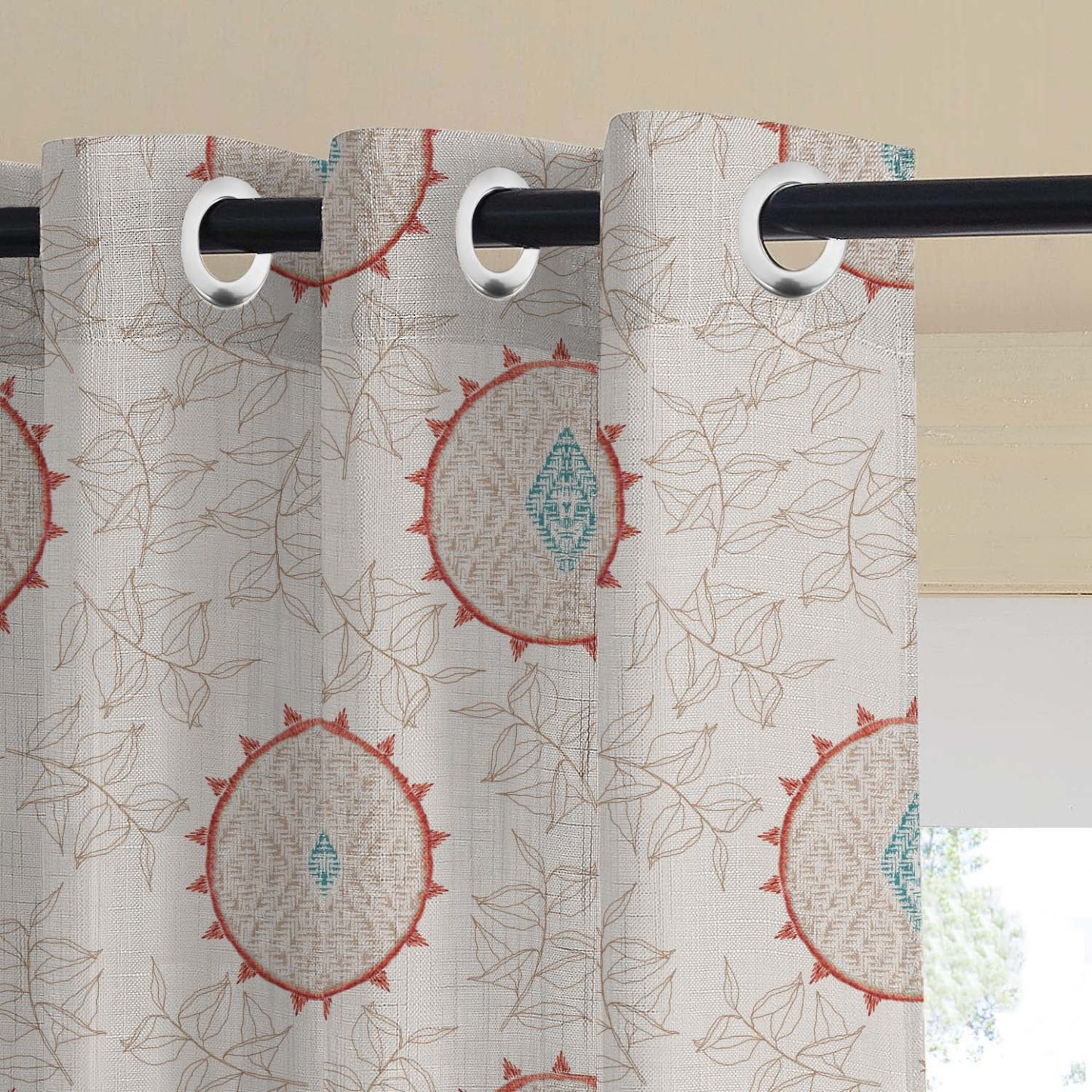 Modern Circulars Combination Dark Coral Linen Sheer Curtain Set of 4 -(561BMeta05)