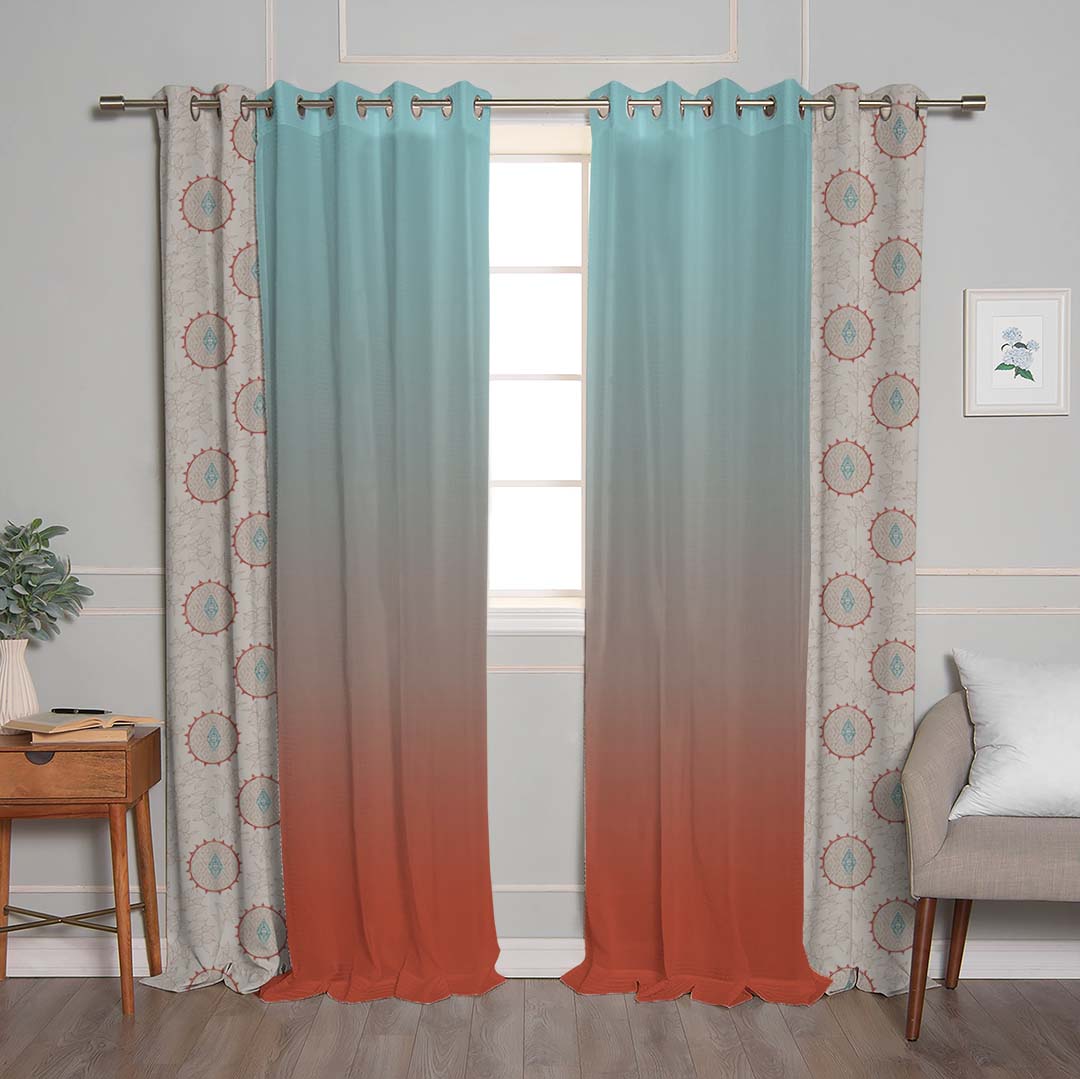 Modern Circulars Combination Dark Coral Linen Sheer Curtain Set of 4 -(561BMeta05)