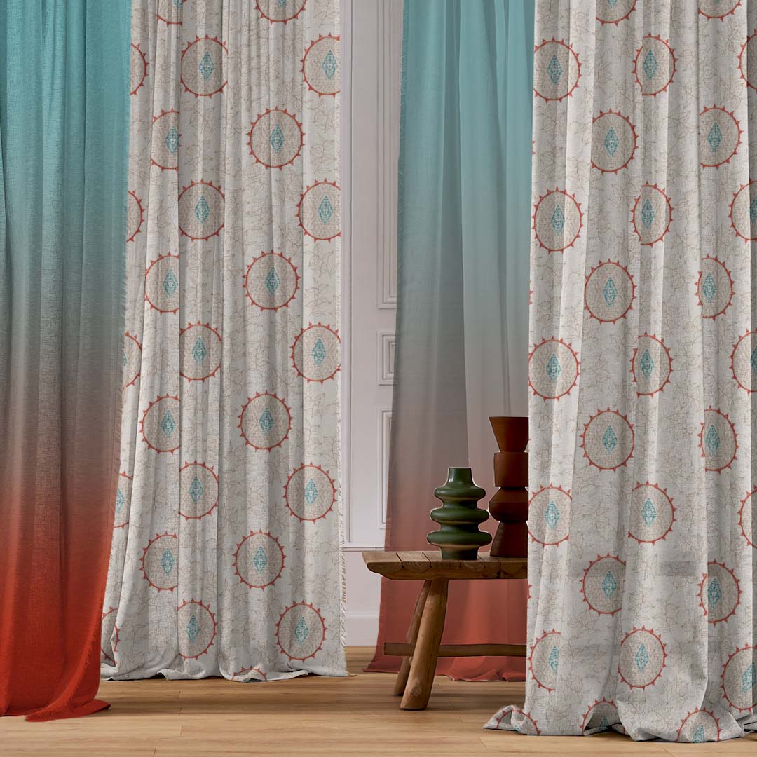 Modern Circulars Combination Dark Coral Linen Sheer Curtain Set of 4 -(561BMeta05)