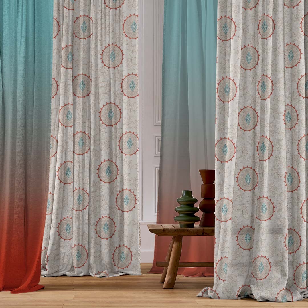 Modern Circulars Combination Dark Coral Linen Sheer Curtain Set of 4 -(561BMeta05)