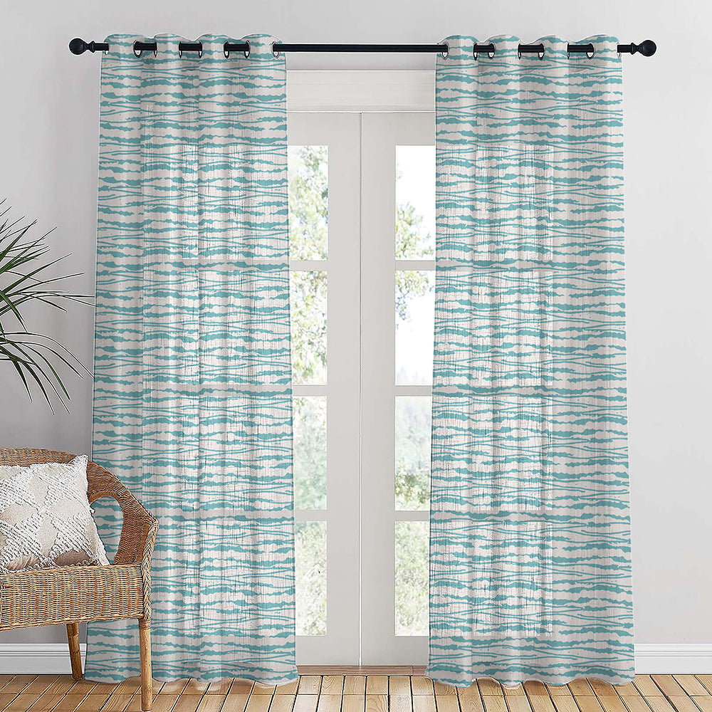 AquaFlow Geometric Viking Blue Linen Sheer Curtain Set of 2 -(DS562B)