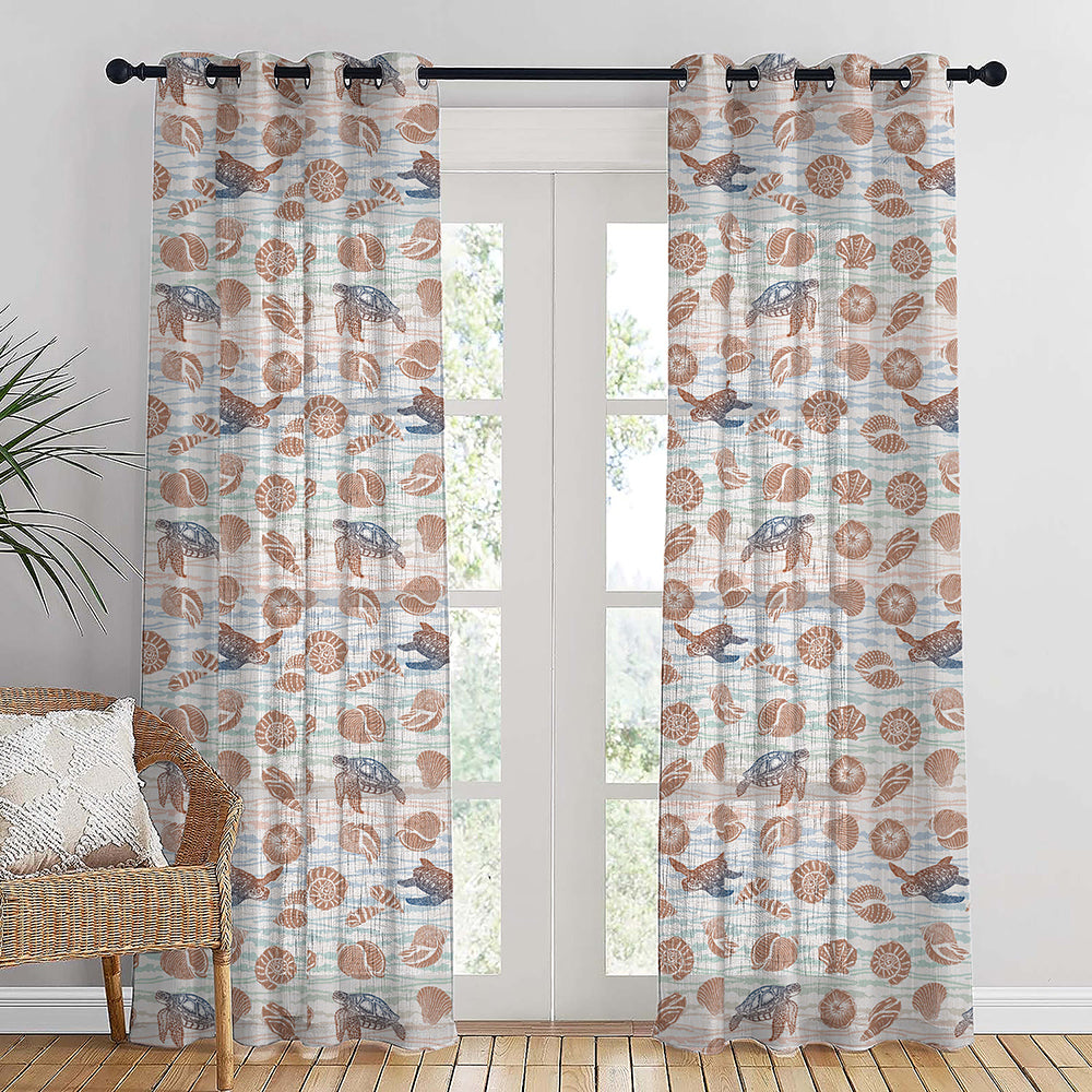 Aquatic Aura Geometric Medium Wood Linen Sheer Curtain Set of 2 -(DS563D)