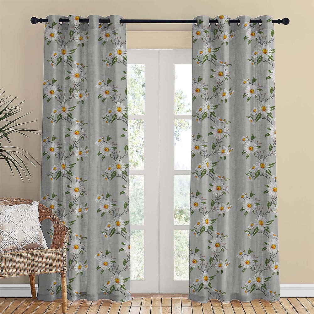 Asteria Bloom Floral Matte White Smoke Room Darkening Curtain Set of 1pc -(DS564C)