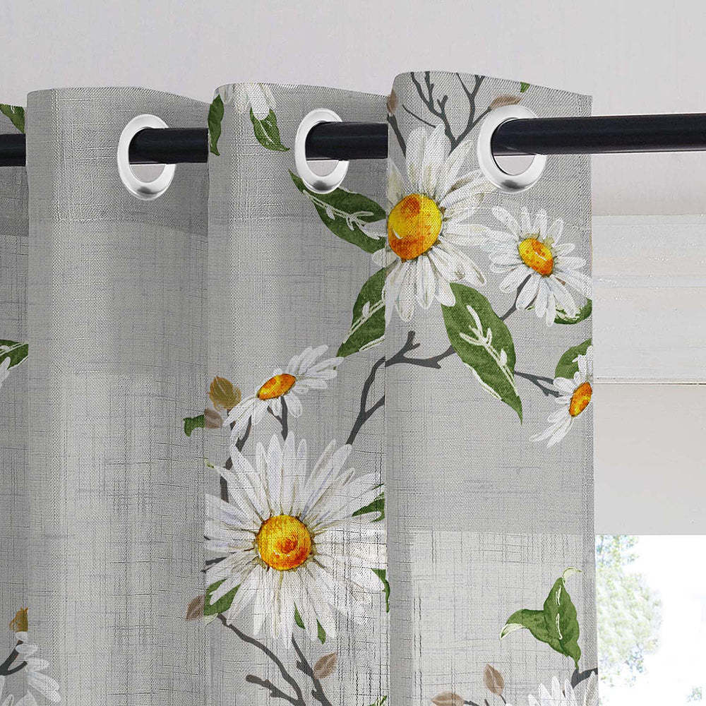 Asteria Bloom Floral White Smoke Linen Sheer Curtain Set of 2 -(DS564C)