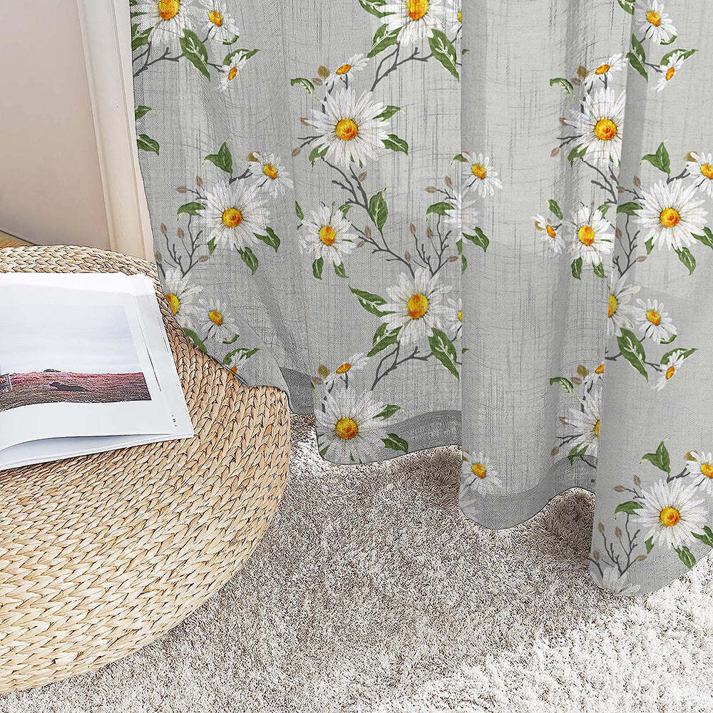 Asteria Bloom Floral White Smoke Linen Sheer Curtain Set of 2 -(DS564C)