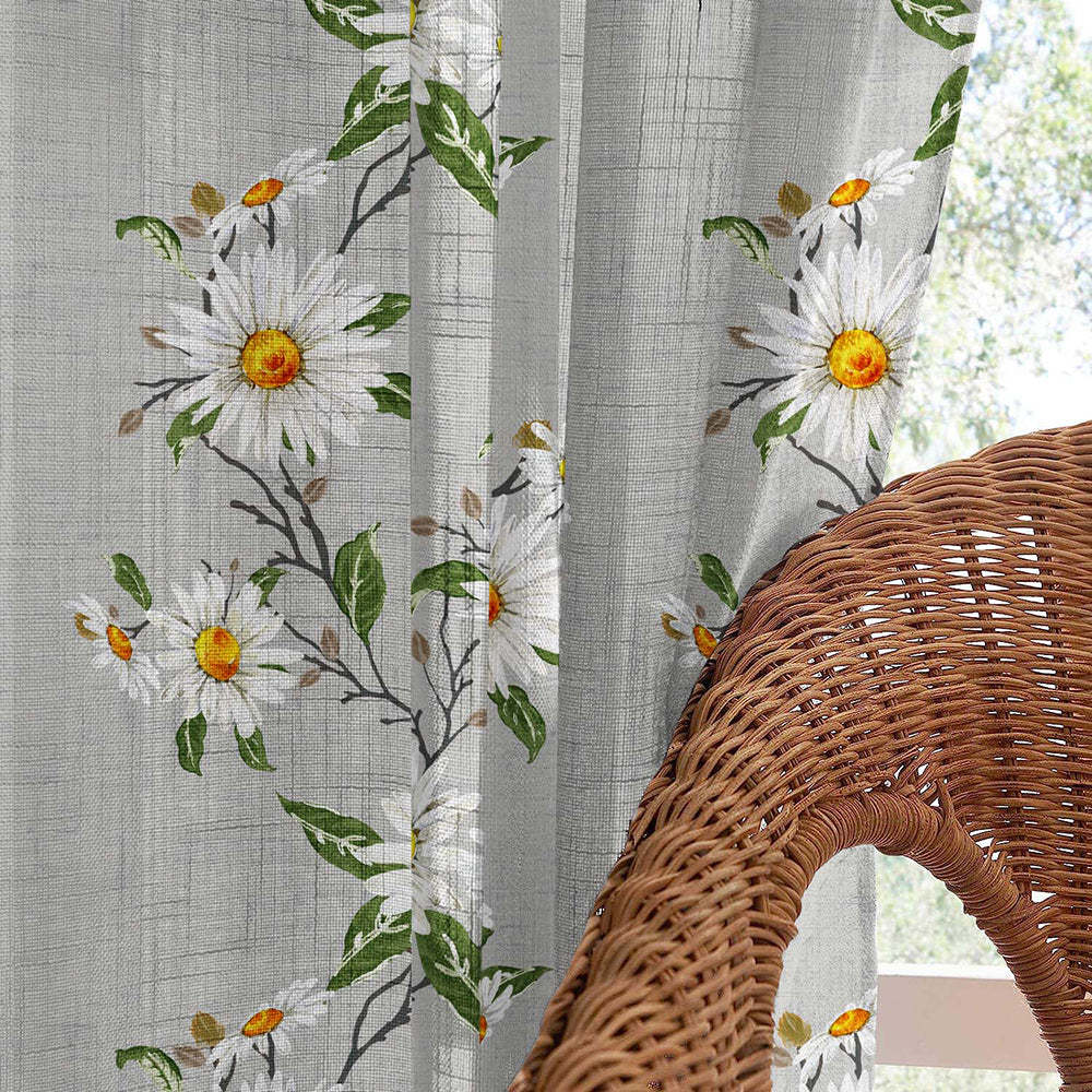 Asteria Bloom Floral White Smoke Linen Sheer Curtain Set of 2 -(DS564C)