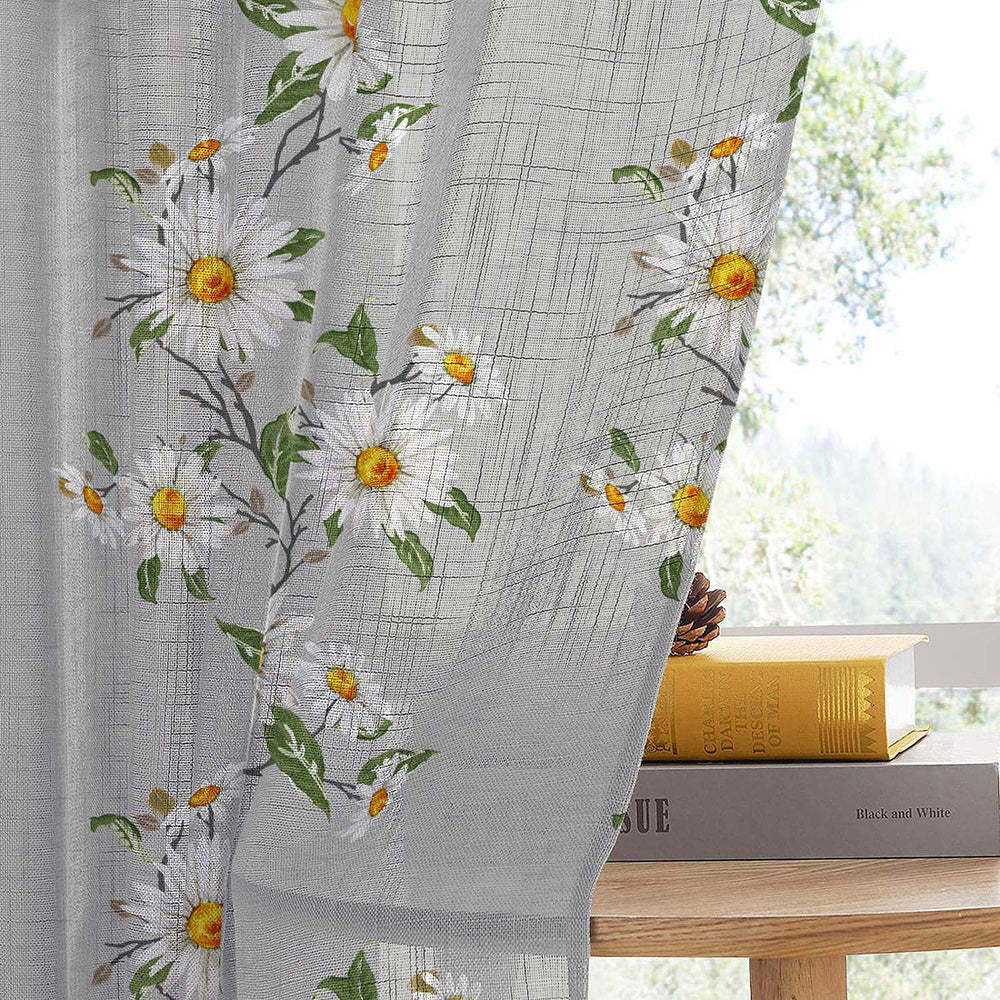 Asteria Bloom Floral White Smoke Linen Sheer Curtain Set of 2 -(DS564C)
