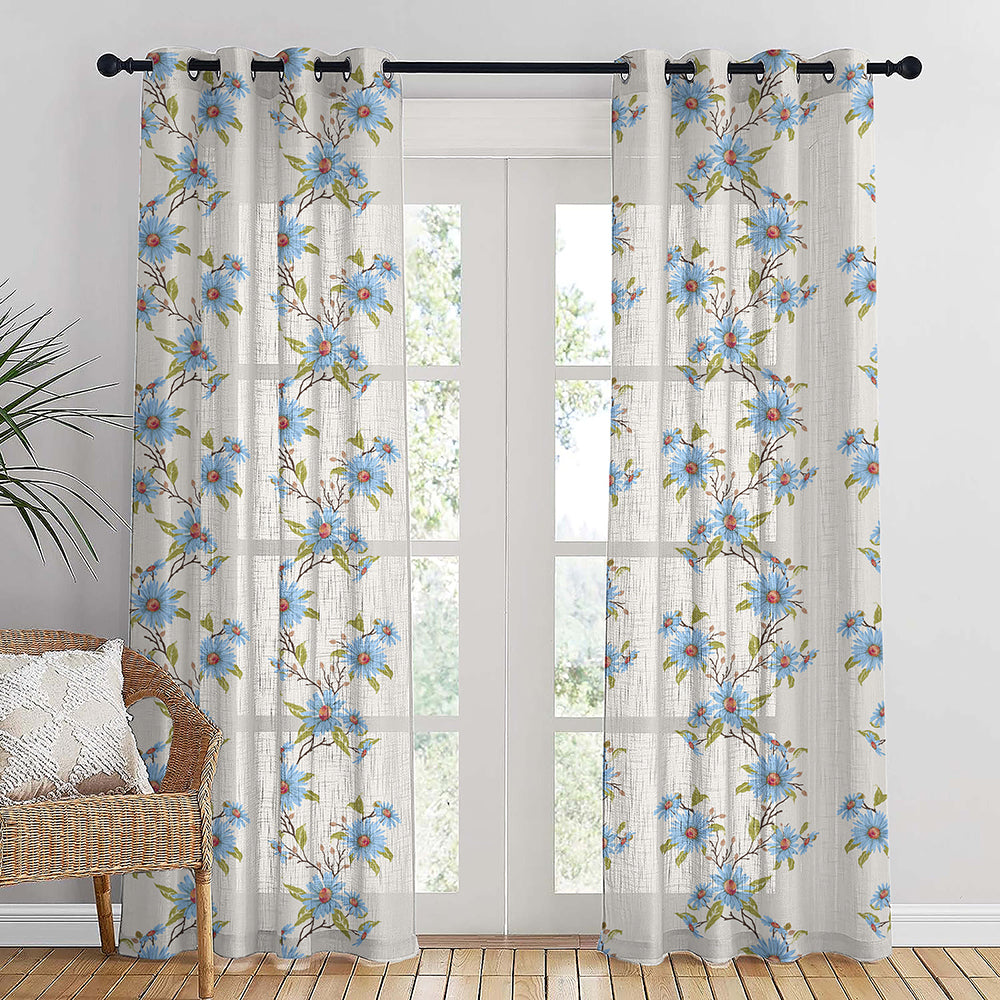 Asteria Bloom Floral Cornflower Blue Linen Sheer Curtain Set of 2 -(DS564D)
