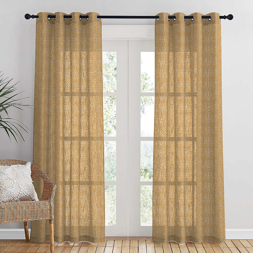 MacraMagic Geometric Harvest Gold Linen Sheer Curtain Set of 2 -(DS565A)