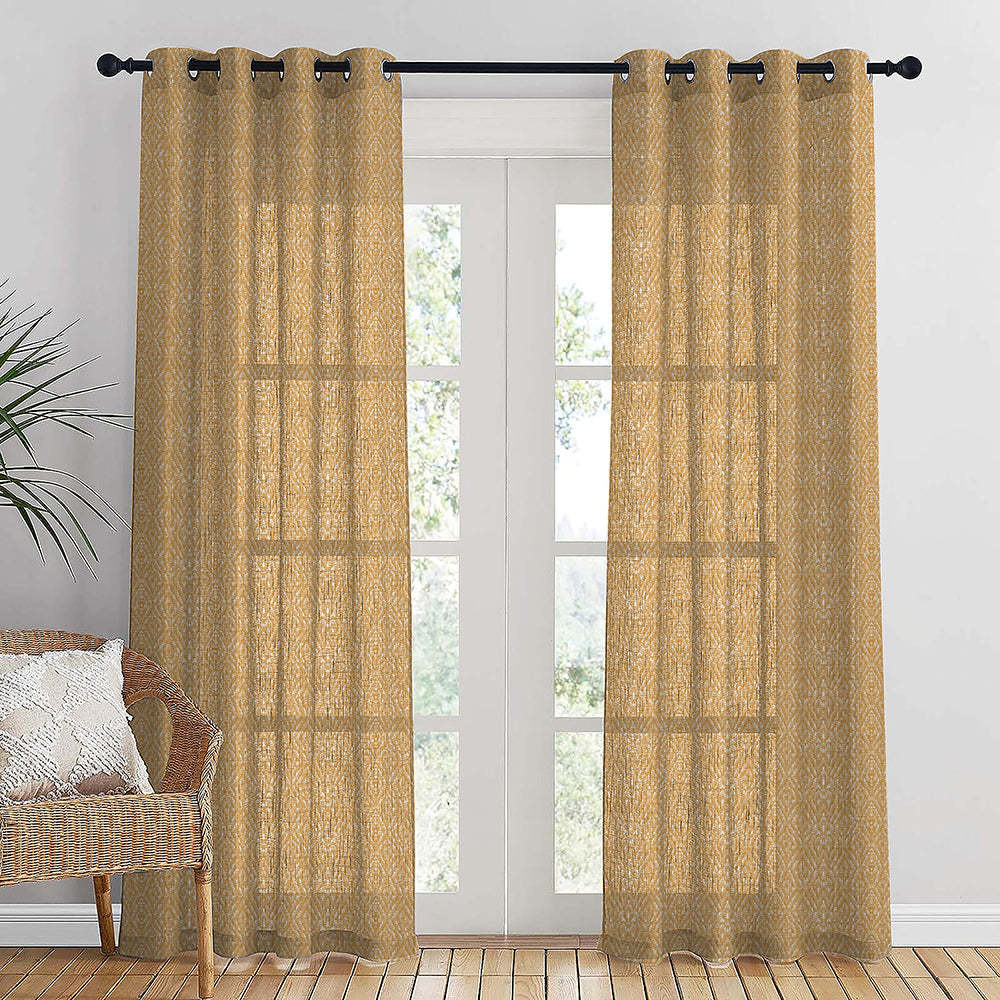 MacraMagic Geometric Harvest Gold Linen Sheer Curtain Set of 2 -(DS565A)