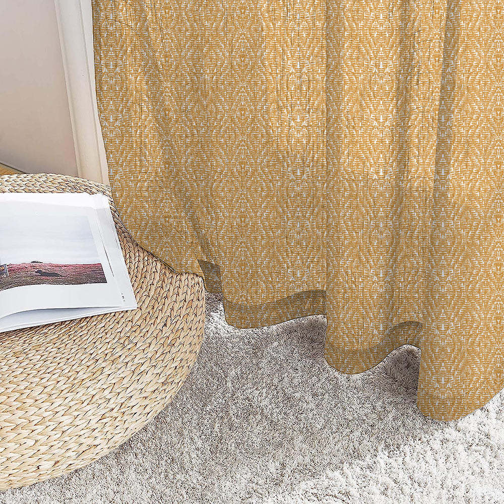 MacraMagic Geometric Harvest Gold Linen Sheer Curtain Set of 2 -(DS565A)