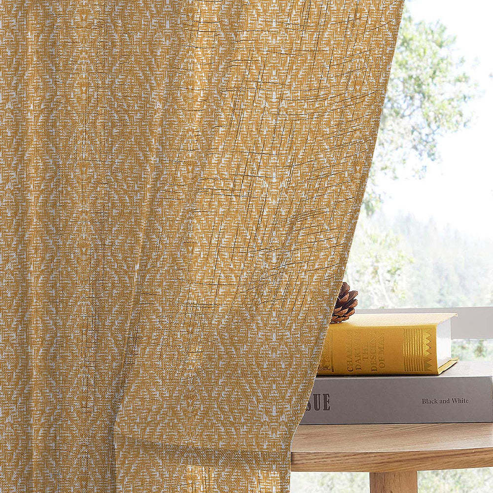 MacraMagic Geometric Harvest Gold Linen Sheer Curtain Set of 2 -(DS565A)