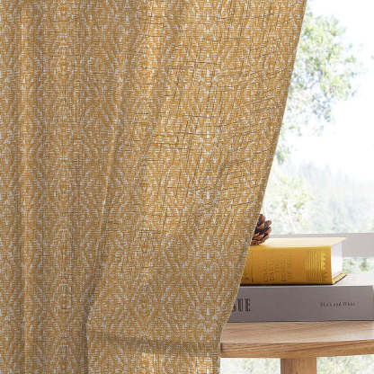 MacraMagic Geometric Harvest Gold Linen Sheer Curtain Set of 2 -(DS565A)