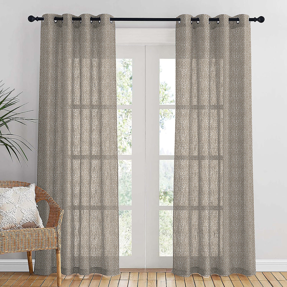 MacraMagic Geometric Almond Frost Linen Sheer Curtain Set of 2 -(DS565C)