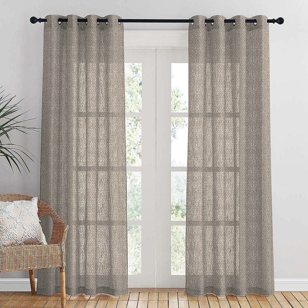 MacraMagic Geometric Almond Frost Linen Sheer Curtain Set of 2 -(DS565C)