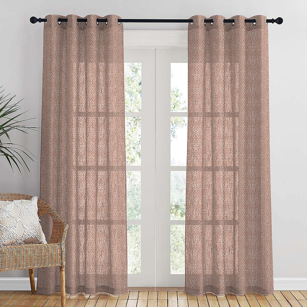 MacraMagic Geometric Medium Wood Linen Sheer Curtain Set of 2 -(DS565D)