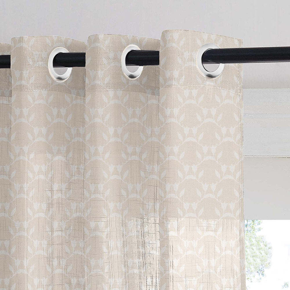 Forest Folklore Floral Blanched Almond Linen Sheer Curtain Set of 2 -(DS566A)